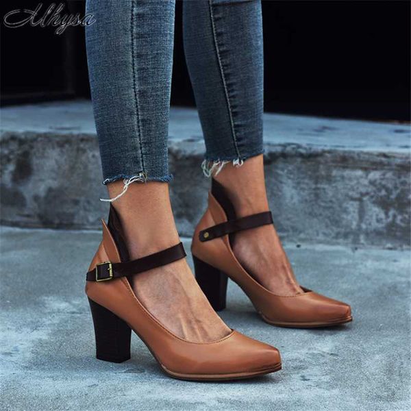 

2020 autumn new leather pumps fashion retro buckle pointy toe high heels women party casual square heel shoes zapatos de mujer, Black