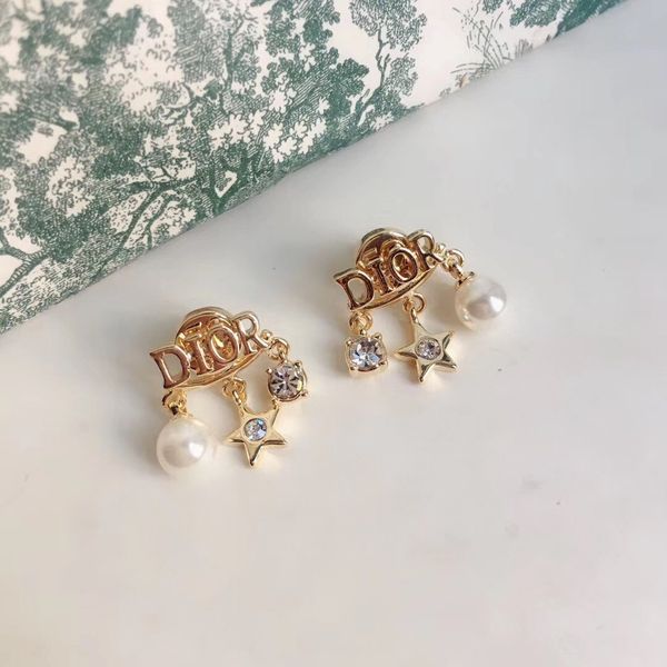 

with box classic double crystal earrings pearl pendant large stud earrings brass material earrings supply r0039, Golden