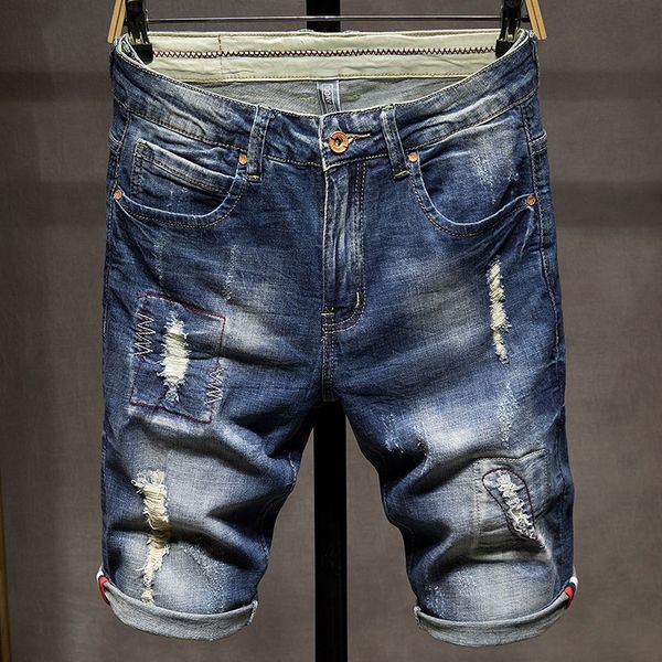 

new arrival fashion elastic hole men jeans shorts summer thin tide knee length casual large plus size 28-36 38 40, Blue