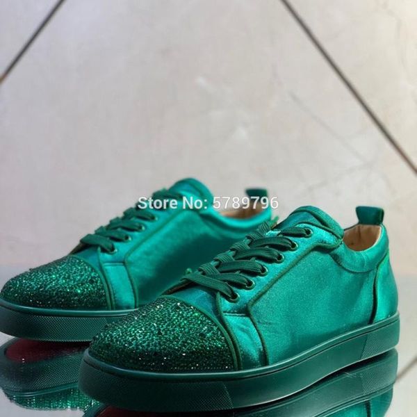 

red bottoms green silk solid leather sports shoes for men casual flat loafers no rivets crystal toecap runway low cut sneakers, Black