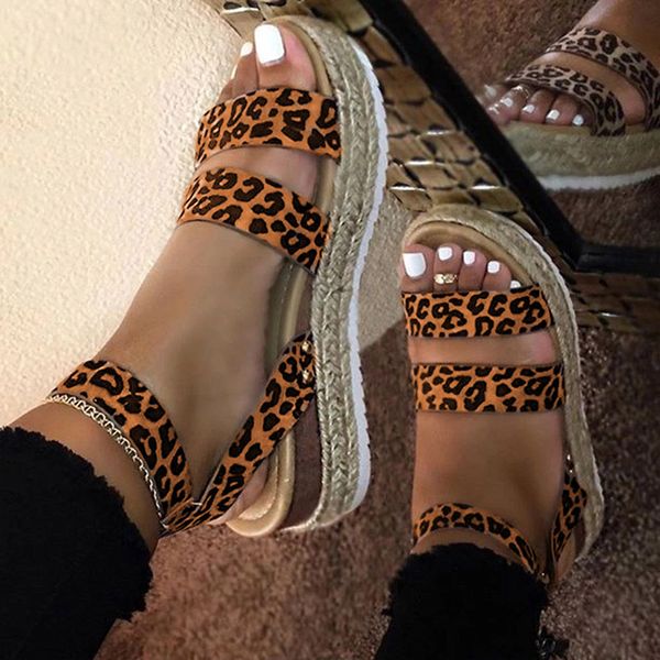 

summer women's sandals leopard lady wedges shoes woman flat platform open toe buckle strap women sandals plus size female, Black
