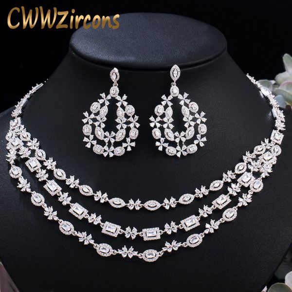 

cwwzircons luxury shiny dubai cubic zirconia pave layered wedding necklace earrings bridal jewelry sets costume accessories t453, Silver