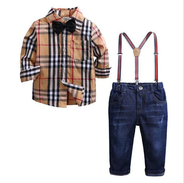 

baby boys gentleman suit kids plaid shirt +denim suspenders pants outfits children clothing sets autumn boys clothes, White
