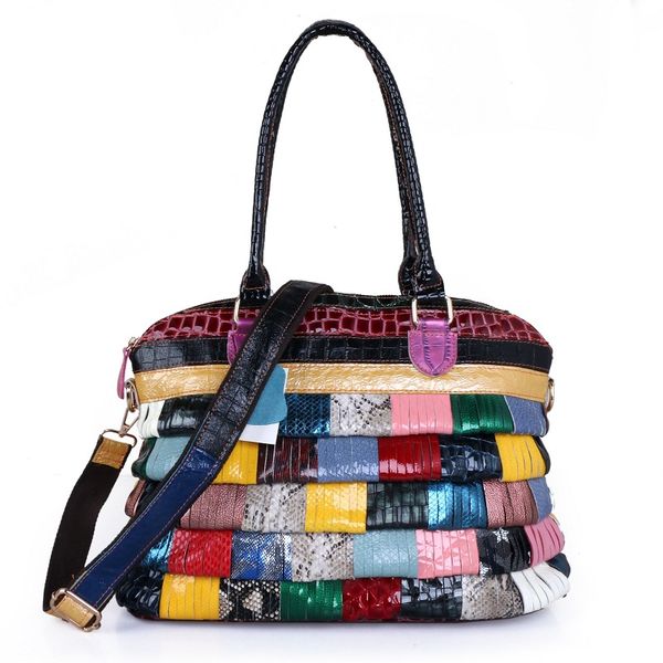 

johnature fashion 2020 new big bag colorful splicing genuine leather women handbag large capacity casual tote shoulder bags