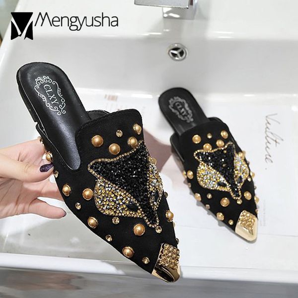 

2020 crystal slippers women rivets mules ladies flats slides slip on loafers metal pointed toe flipflops rhinestone shoes, Black