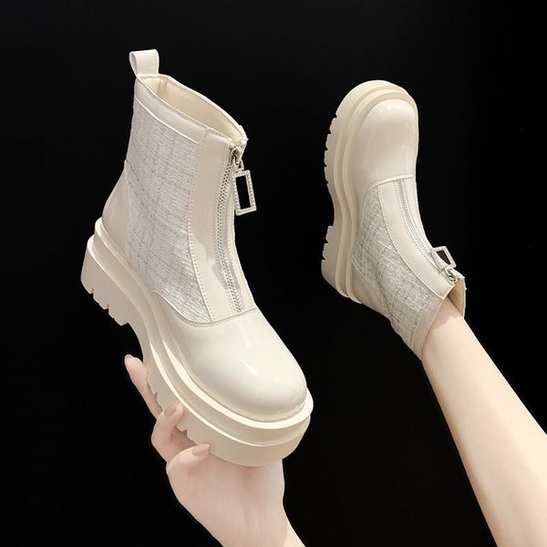 

shoes round toe boots women new 2020 winter footwear booties ladies flat heel zipper high heel autumn rock ankle lolita leather, Black