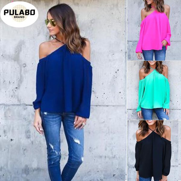 

women's blouses & shirts pulabo halter o-neck shoulder chiffon women blouse 2021 summer casual long sleeve club party blusas plus size, White