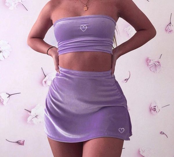 

women sets summer heart-shaped drilling tube crop high waisted short skirt clubwear two piece outfits sets, Gray