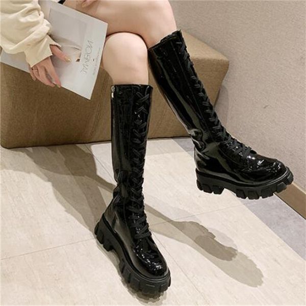 

autumn night club high heels shoes women knee-high boots patent leather platform boots winter long motorcycle woman black