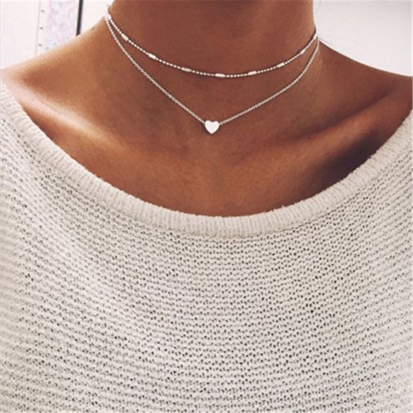 

caring simple trendy female street shooting jewelry peach heart multi-layer clavicle necklace, Silver