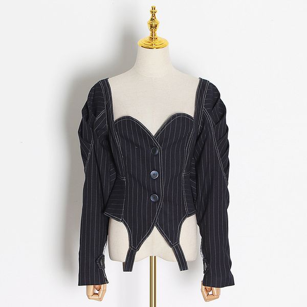 

women jacket spring / summer 2020 new fashionable retro v-neck stripe jacket top, Black;brown