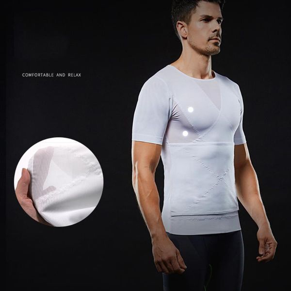 

2020 summer fashion white men's corset shirt high elastic shaper male underskirt short sleeve cotton clothing tees -xl, White;black
