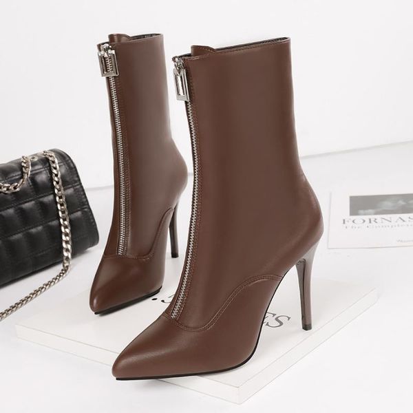 

2020 зима новый сапоги на высоком каблуке женщин ретро стиль мода сплошной цвет заостренный носок высокие каблуки молнии украшения, Black