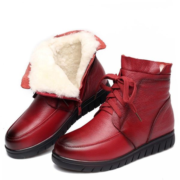 

2020 women snow boots vintage genuine leather natural wool fur winter warm ankle boots for women flat mother shoes h7075, Black