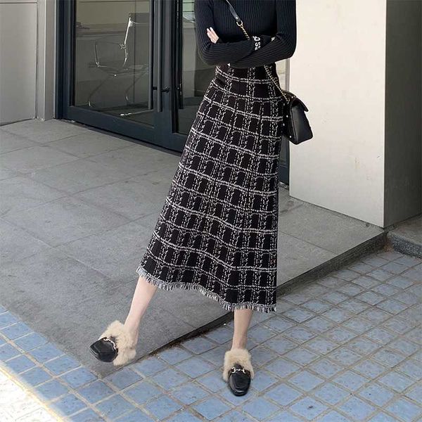 

jsxdhk autumn winter knitting tassel skirt women high elastic waist plaid black long skirts vintage bodycon a line skirt