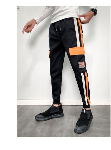 

big pockets drawstring safari style high street fashion punk pants mens designer pencil mens pants with, Black