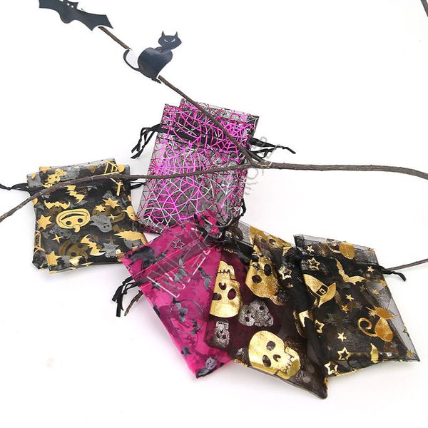 

100pcs/pack organza bag 9*12cm halloween candy bags mesh packing gold color pumpkin skull bat spider web print bouquet gift-wrap 2020 d81804