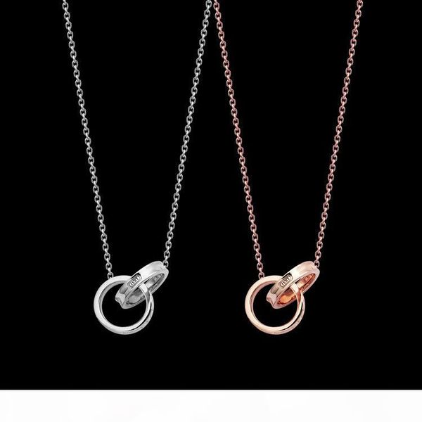 

europe america fashion style lady titanium steel engrave t letter 18k plated gold necklaces with double circle pendants 2 color, Silver