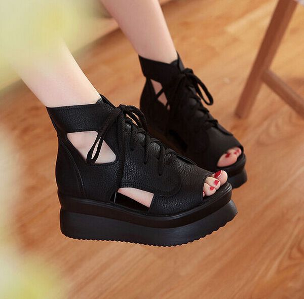 

womens platform wedge heel lace up fashion ankle shoes high sport sandals, Black