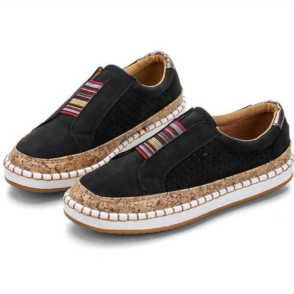 

hollow out women's shoes hand-stitched striped breathable elastic band casual flat suitable for wide leg women's sneaker, Black