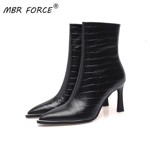 

mbr force 2020 cowhide autumn women ladies fashion ankle boots shoes high squra heels western style boots party dress black