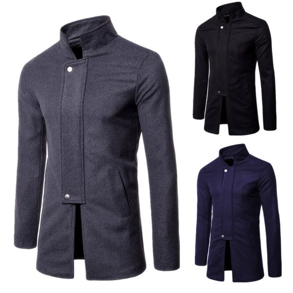

mens stand collar woolen coat slim fit long sleeve zipper blend male casual outwear, Black