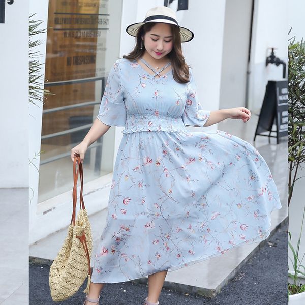 

xl - 3xl 4xl plus size elegant new summer 2020 women long maxi chiffon dress short sleeve big size blue flower print ankle length lady, Black;gray