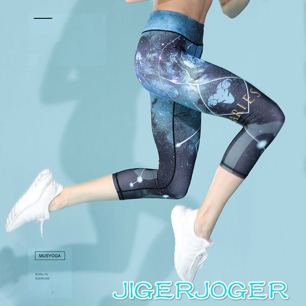 

women print 12-constellation printed yoga pants high waist slim sport leggings running jogging tummy control, White;red