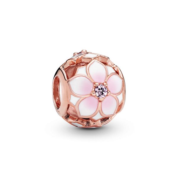 

2020 new real 925 sterling silver openwork pink magnolia flower boom charms beads fit pandora rose bracelets for diy jewelry making, Black
