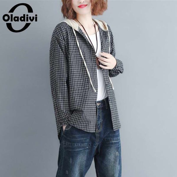 

oladivi plus size women fashion plaid hooded shirts long sleeve casual blouses 2020 autumn new tee tunics blusas 4xl 3xl xxl, White