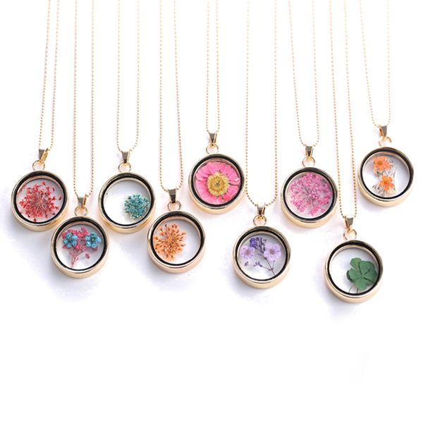 

popular round pendant necklace womens long gold color bead chain colorful specimen dried flower necklace jewelry for girls, Silver