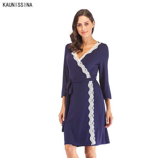 

women robe long sleeve v-neck lace-trimmed nighties sleepwear robes with belt kimono bathrobe dressing gown female homewear, Black;red