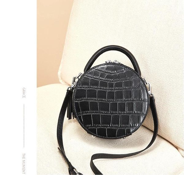 

H38 Nalandu Fashion handbag 2020 new fashion small round bag women's slung leather crocodile pattern black handbag trend