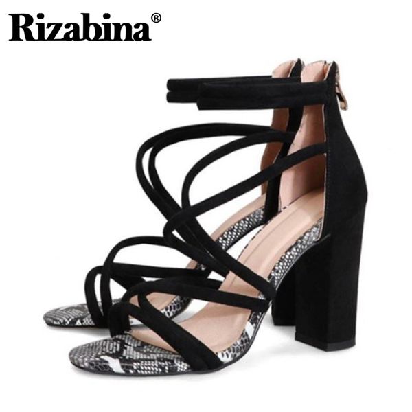 

rizabina women sandals shoes fashion open toe thick high heel flock snakeskin shoes back zipper footwear gladiator size 33-45, Black