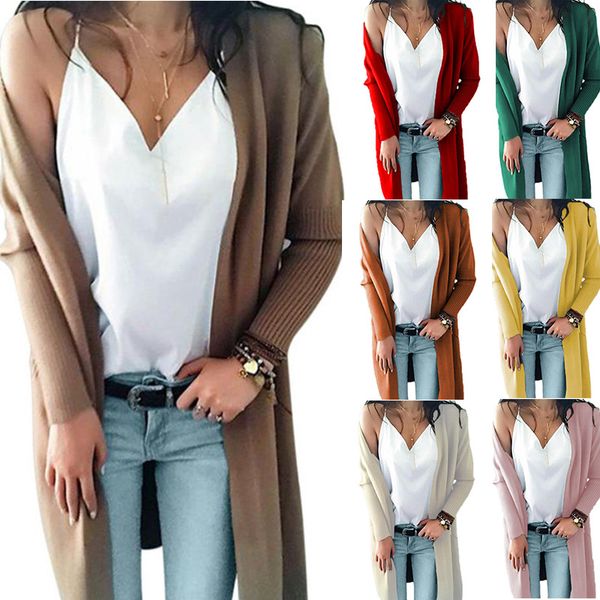

2020 autumn and winter new european and american style foreign trade knitted sweater double pocket long knitted cardigan sweater women, White