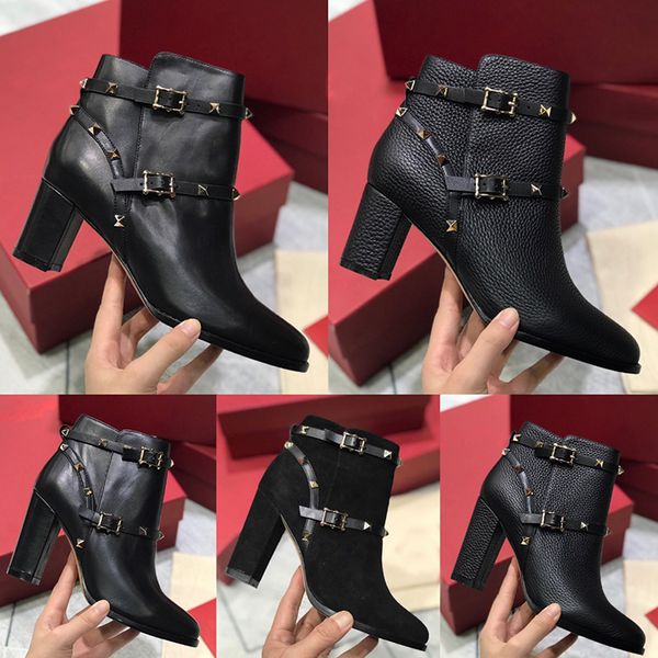 

2020 new fashion womens high heels shoes winter ankle boots with granulated calfskin rivet australia cowboy doc motocycle martens bottes, Black