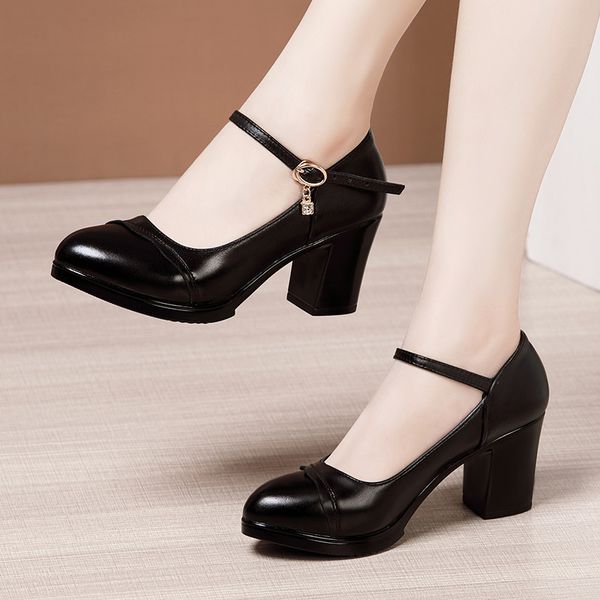 

black work shoes women's medium heel block heel round head middle-aged women shoes ladies white pumps