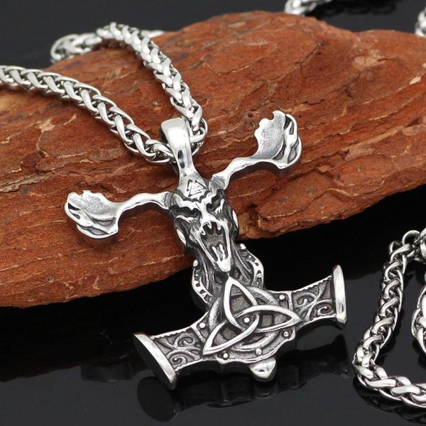 

stainless steel vintage viking triangle knot thor hammer shofar men pendant necklace with 60cm chain gift for him, Silver