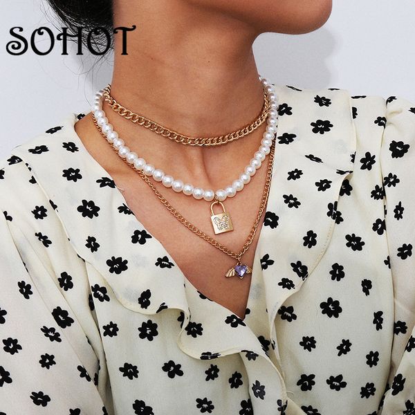 

somultilayer alloy chain imitation pearl chic lock crystal heart women pendant necklace charming trendy for female jewelry, Silver