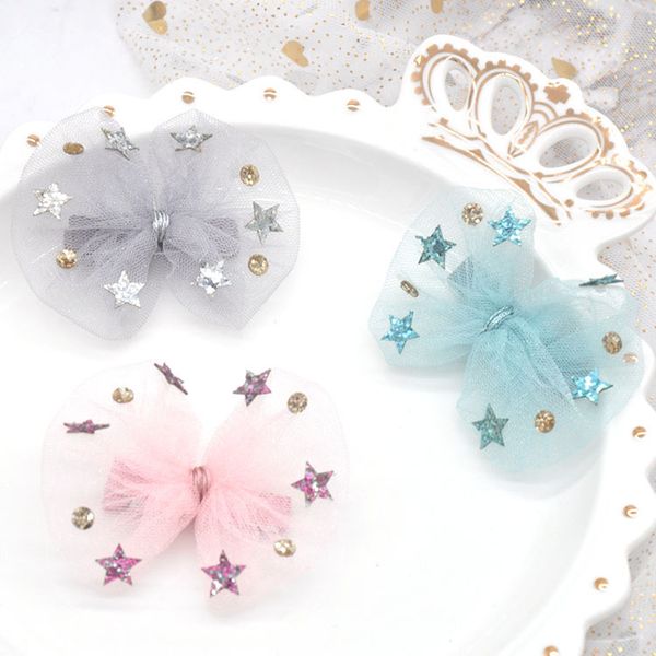 

boutique ins 15pcs fashion glitter star bow hairpins solid gauze bowknot hair clips princess ornament headwear hair accessories, Slivery;white