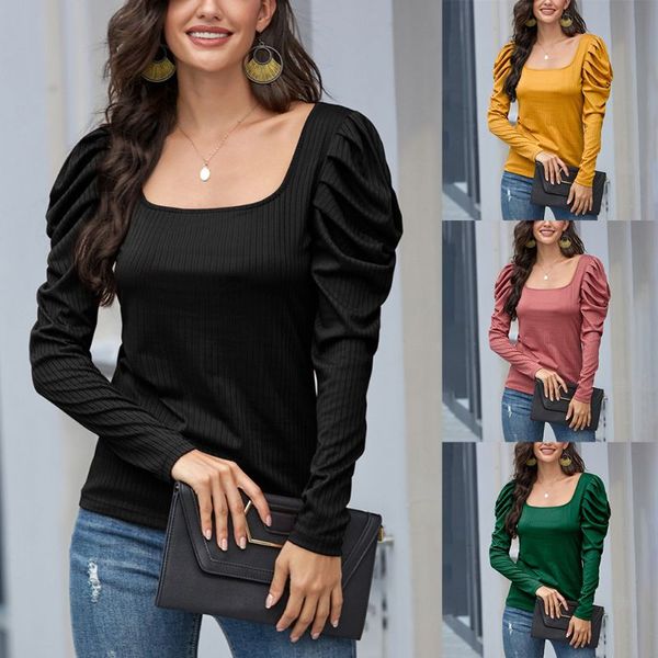 

women long puff sleeve solid t-shirts square neck ribbed knit loose, White
