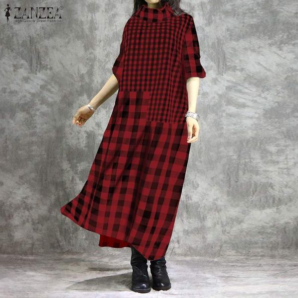 

women vintage plaid checked dress zanzea spring turtleneck long sleeve kaftan vestido loose patchwork sundress baggy dresses, Black;gray