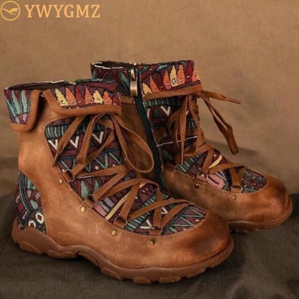 

women ankle boots lace-up flat with platform soft-soled ladies boots autumn winter vintage western mid calf zapatos mujer, Black