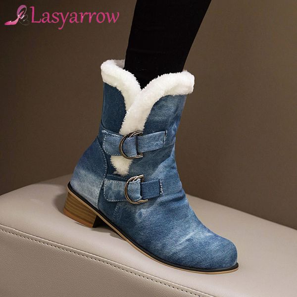 

lasyarrow 2020 big size 34-48 winter shoes women snow boots denim buckle thick heel comfortable casual ankle boots woman hot, Black
