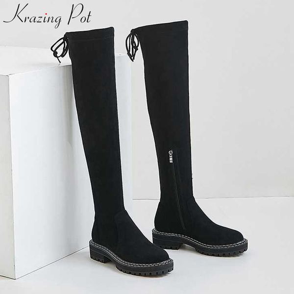 

krazing pot soft breathable british school stretch flock boots round toe winter keep warm zipper lace up thigh high boots l23, Black