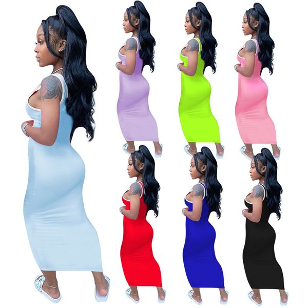 

women sleeveless tank dresses vest skinny slim dress solid color bodycon tight skirts night club party clothing long dress ly8132, White