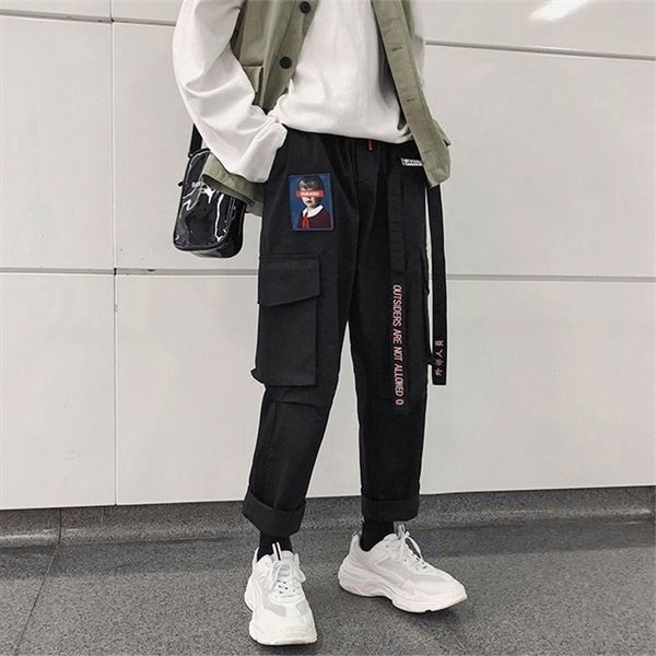 

cargo pants men multi-pocket ribbon casual joggers pants autumn high waist trousers harajuku oversize loose hip hop punk pants, Black