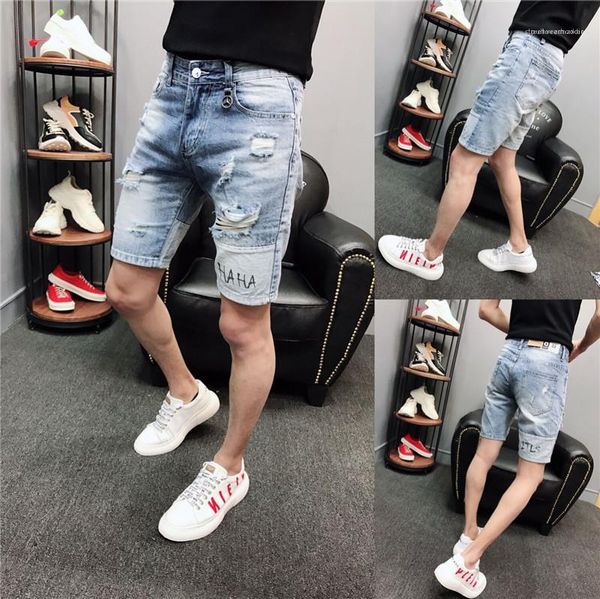 

loose middle waist knee length summer mens designer shorts washed high street fashion streetwear letter blue ripped mens jeans hole