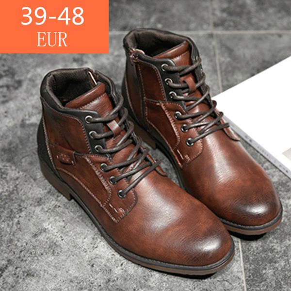 

men boots leather spring autumn vintage style ankle boots men lace up footwear fashion casual shoes men botas hombre, Black