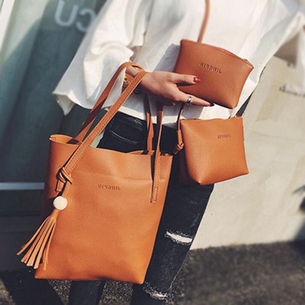 

2020 new fashion luxury women's designer leather three-piece handbag different size bags vintage wooden beads tassel shoulder bag/hand